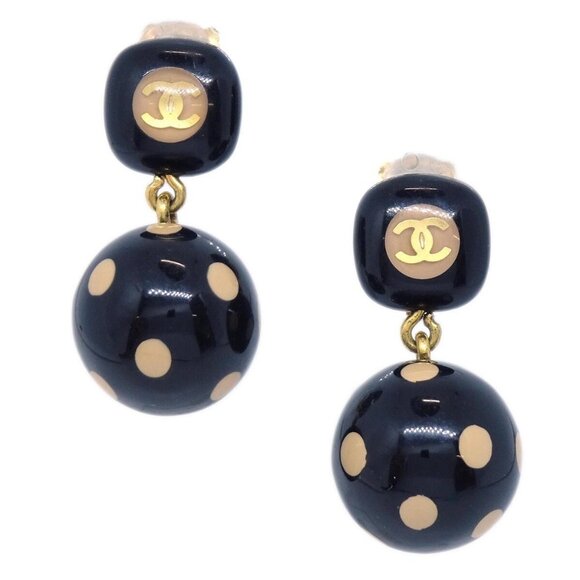 Chanel Dangle Earrings Clip-On Gold Black - Picture 1 of 4